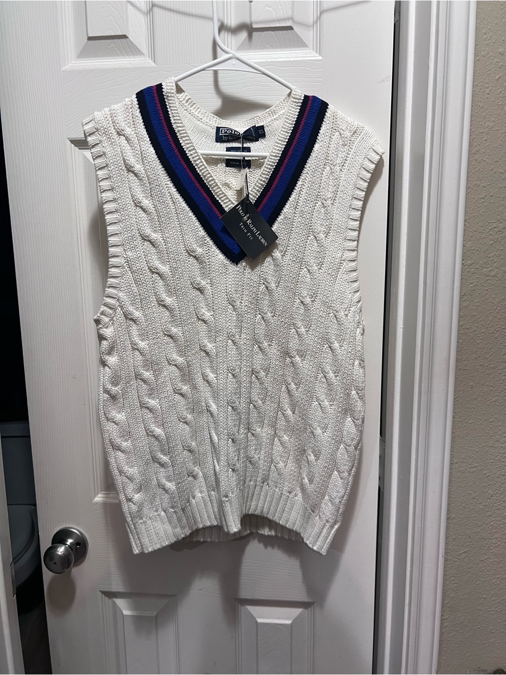 Polo by Ralph Lauren Cream Cable-Knit V-Neck Sweater Vest with Navy & Pink Trim